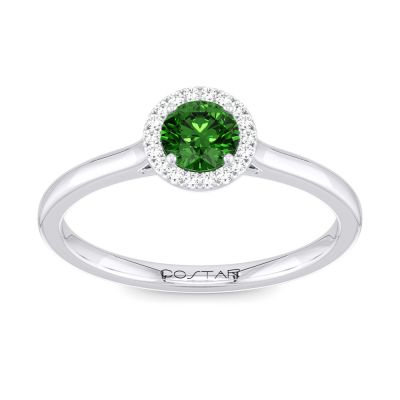 14K W Gold 0.05cttw Diamond 0.30cttw Emerald Round Halo Ring - Walter Bauman Jewelers