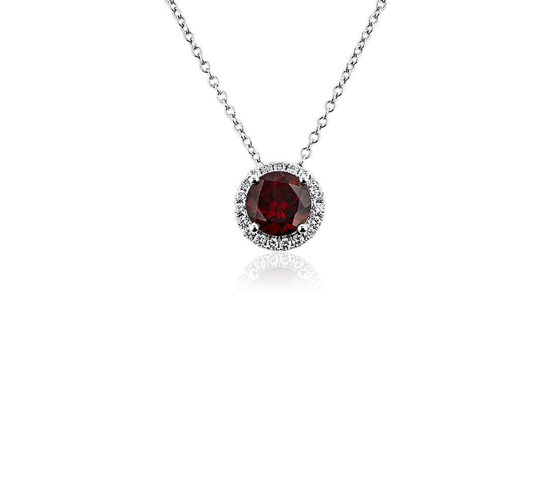 14K W Gold 0.05cttw Diamond 0.34cttw Round Garnet Halo Pendant - Walter Bauman Jewelers