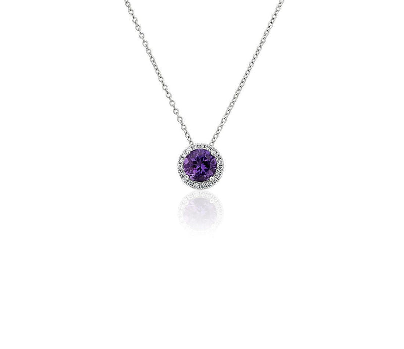 14K W Gold 0.05cttw Diamond 0.35cttw Round Amethyst Halo Pendant - Walter Bauman Jewelers