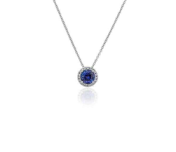 14K W Gold 0.05cttw Diamond 0.35cttw Round Blue Sapphire Halo Pendant - Walter Bauman Jewelers