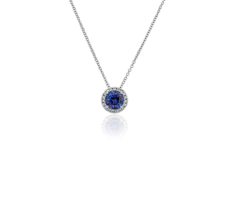 14K W Gold 0.05cttw Diamond 0.35cttw Round Blue Sapphire Halo Pendant - Walter Bauman Jewelers