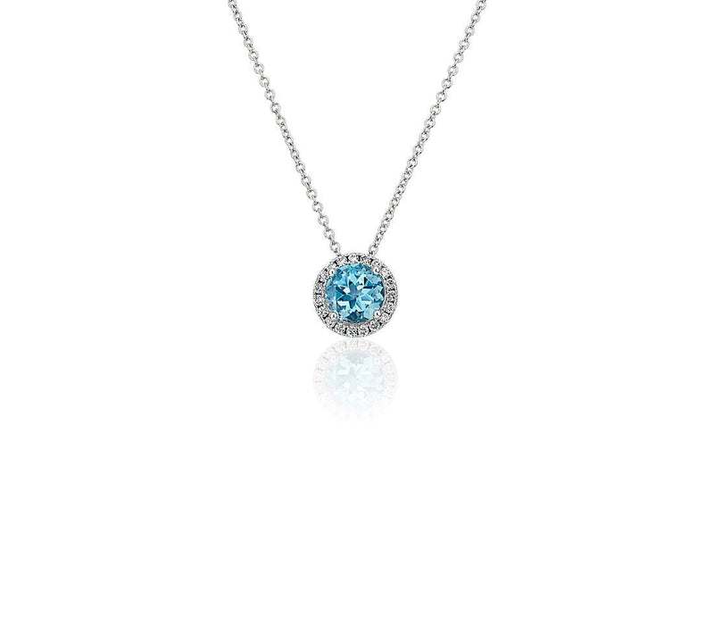 14K W Gold 0.05cttw Diamond 0.35cttw Round Blue Topaz Halo Pendant - Walter Bauman Jewelers