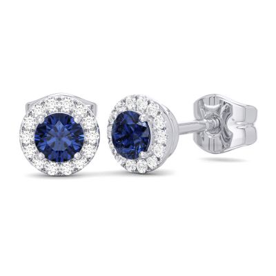 14K W Gold 0.10cttw Diamond 0.30cttw Blue Sapphire Round Halo Earrings - Walter Bauman Jewelers