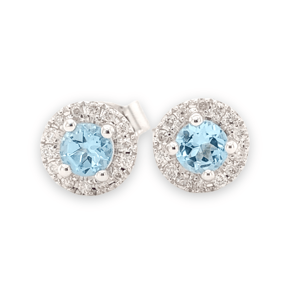 14K W Gold 0.10cttw Diamond 0.30cttw Blue Topaz Round Halo Earrings - Walter Bauman Jewelers
