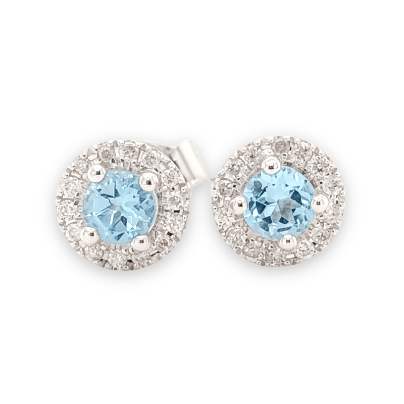 14K W Gold 0.10cttw Diamond 0.30cttw Blue Topaz Round Halo Earrings - Walter Bauman Jewelers