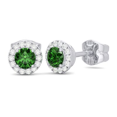 14K W Gold 0.10cttw Diamond 0.30cttw Emerald Round Halo Earrings - Walter Bauman Jewelers