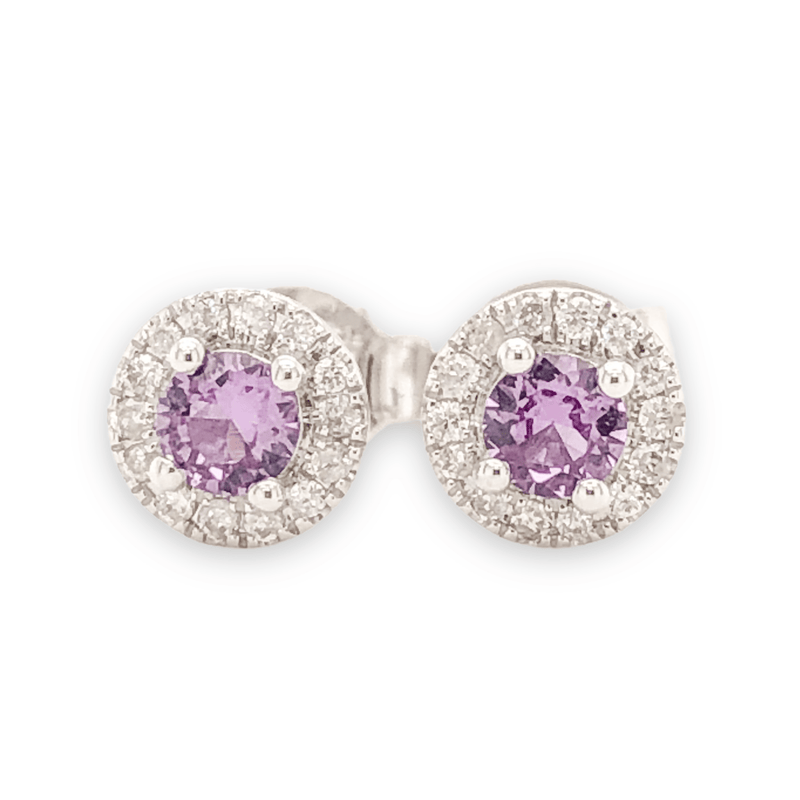 14K W Gold 0.10cttw Diamond 0.30cttw Pink Synthetic Alexandrite Halo Earrings - Walter Bauman Jewelers