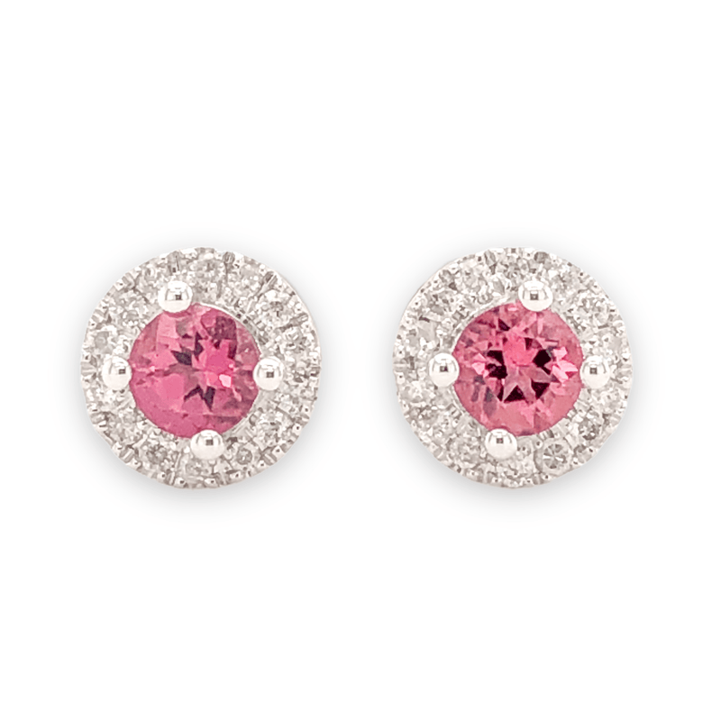 14K W Gold 0.10cttw Diamond 0.30cttw Pink Tourmaline Round Halo Earrings - Walter Bauman Jewelers