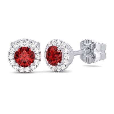 14K W Gold 0.10cttw Diamond 0.30cttw Ruby Round Halo Earrings - Walter Bauman Jewelers