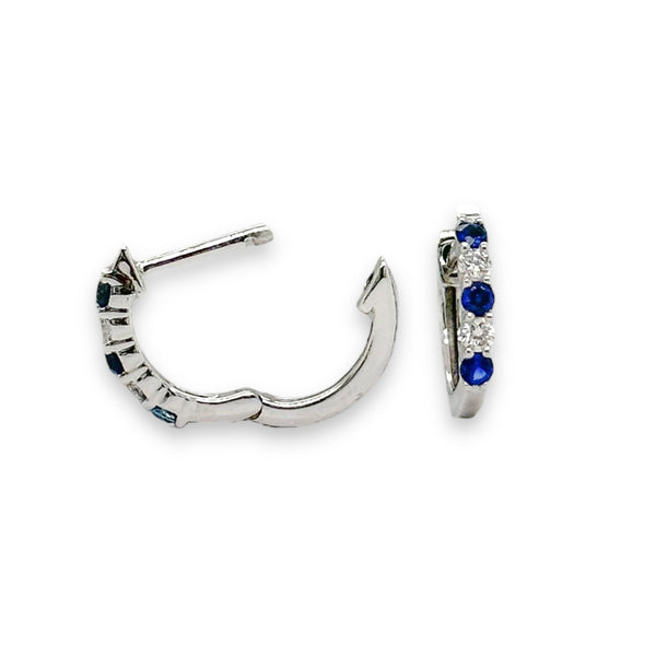 14K W Gold 0.10cttw H/I1 Diamond and 0.15cttw Sapphire Hoop Earrings - Walter Bauman Jewelers