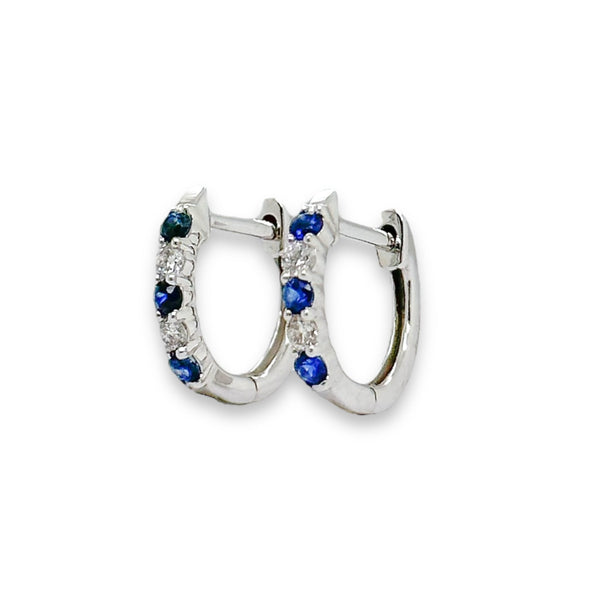 14K W Gold 0.10cttw H/I1 Diamond and 0.15cttw Sapphire Hoop Earrings - Walter Bauman Jewelers