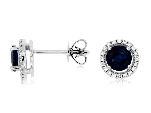 14K W Gold 0.15cttw Diamond 1.10cttw Sapphire Halo Earrings - Walter Bauman Jewelers