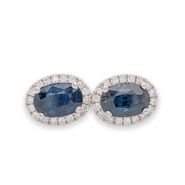 14K W Gold 0.15cttw Diamond and 1.40cttw Sapphire Halo Oval Stud Earrings - Walter Bauman Jewelers