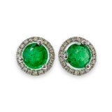 14K W Gold 0.16cttw Diamond and 1.20cttw Emerald Round Halo Earrings - Walter Bauman Jewelers