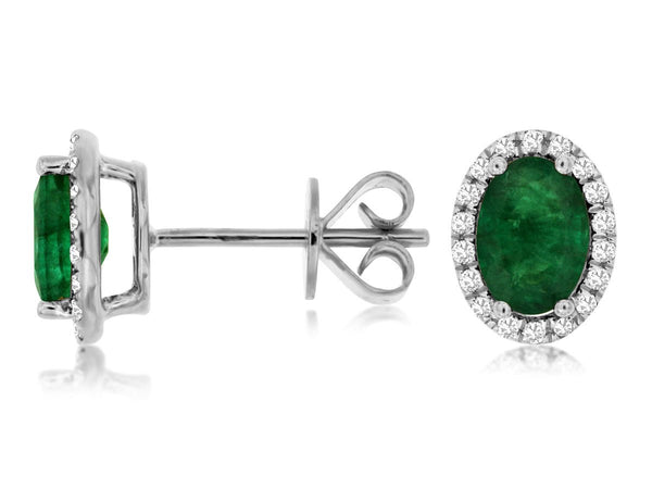 14K W Gold 0.19ct Diamond and 1.40ct Emerald Halo Earrings - Walter Bauman Jewelers