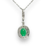 14K W Gold 0.42ct Oval Emerald & .27ctw H/SI2 Diamond Halo Pendant - Walter Bauman Jewelers