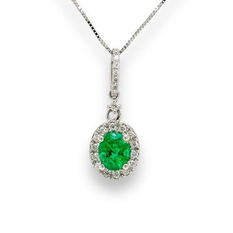 14K W Gold 0.66ct Oval Emerald & .26ctw H/SI1-2 Diamond Halo Pendant - Walter Bauman Jewelers