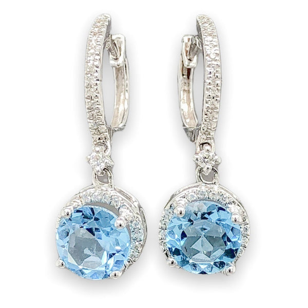 14K W Gold 1.44cttw Blue Topaz & 0.26cttw Diamond Halo Dangle Earrings - Walter Bauman Jewelers