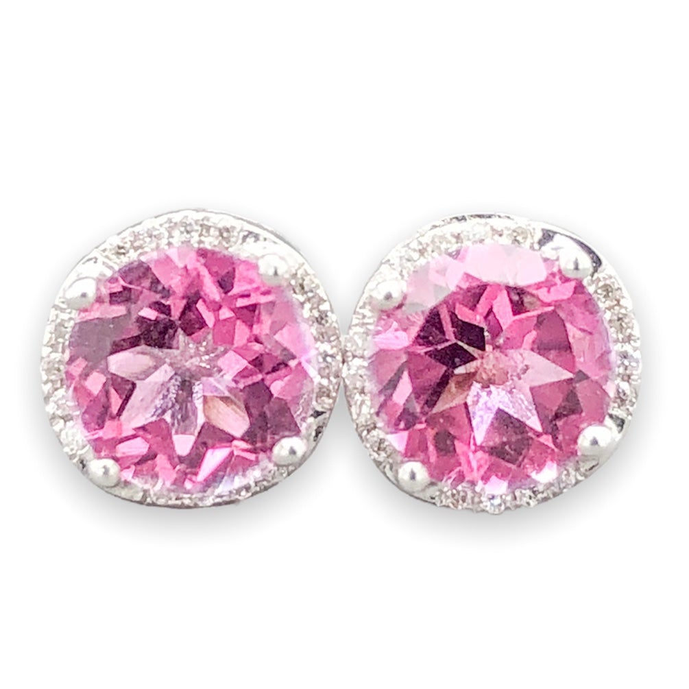 14K W Gold 1.5cttw Pink Topaz & 0.26cttw SI1/G-H Diamond Halo Stud ...