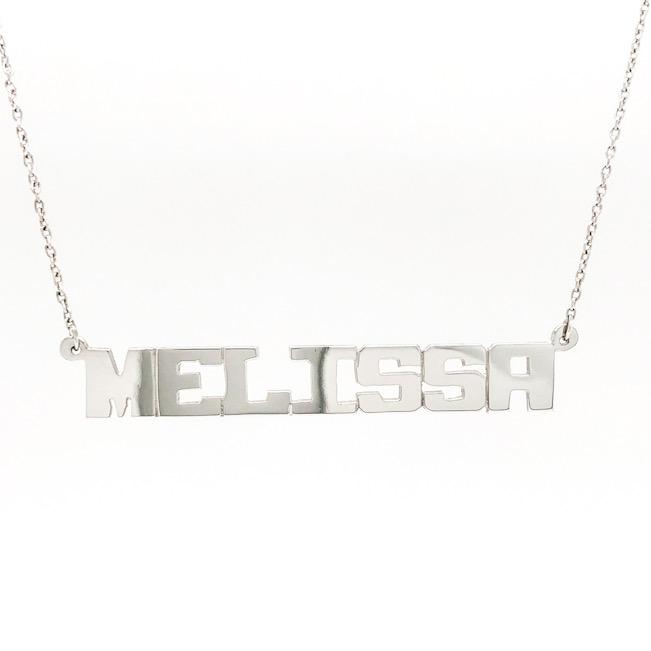 14K WG Block Font Name Necklace - Walter Bauman Jewelers
