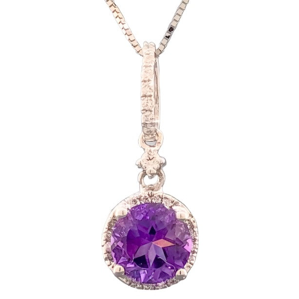 14K WG Round Amethyst & .14cttw Diamond Halo Pendant - Walter Bauman Jewelers