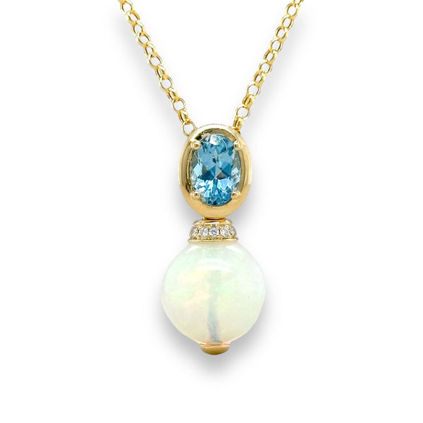 14K Y Gold 0.06ctw Diamonds 0.77ctw Aqua and 5.94ct Opal Pendant - Walter Bauman Jewelers
