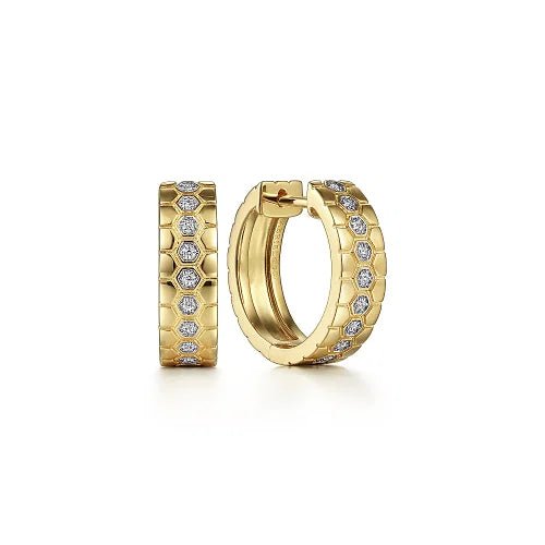 14K Y Gold 0.10ctw Diamond Huggies With Hexagon Pattern - Walter Bauman Jewelers