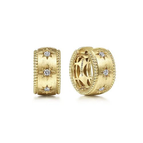 14K Y Gold 0.15ctw Diamond Brushed Finish Huggies With Beaded Edges - Walter Bauman Jewelers