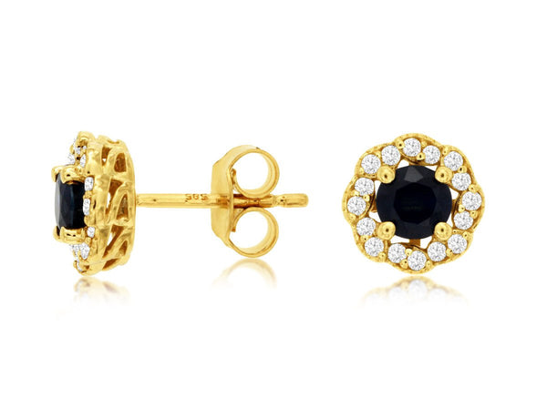 14K Y Gold 0.20cttw Diamond 0.90cttw Sapphire Halo Earrings - Walter Bauman Jewelers