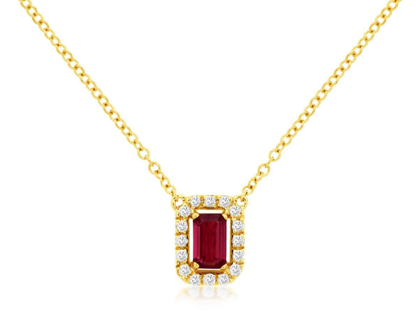 14K Y Gold 0.35ct Ruby 0.11cttw H/SI1 Diamond Halo Pendant - Walter Bauman Jewelers