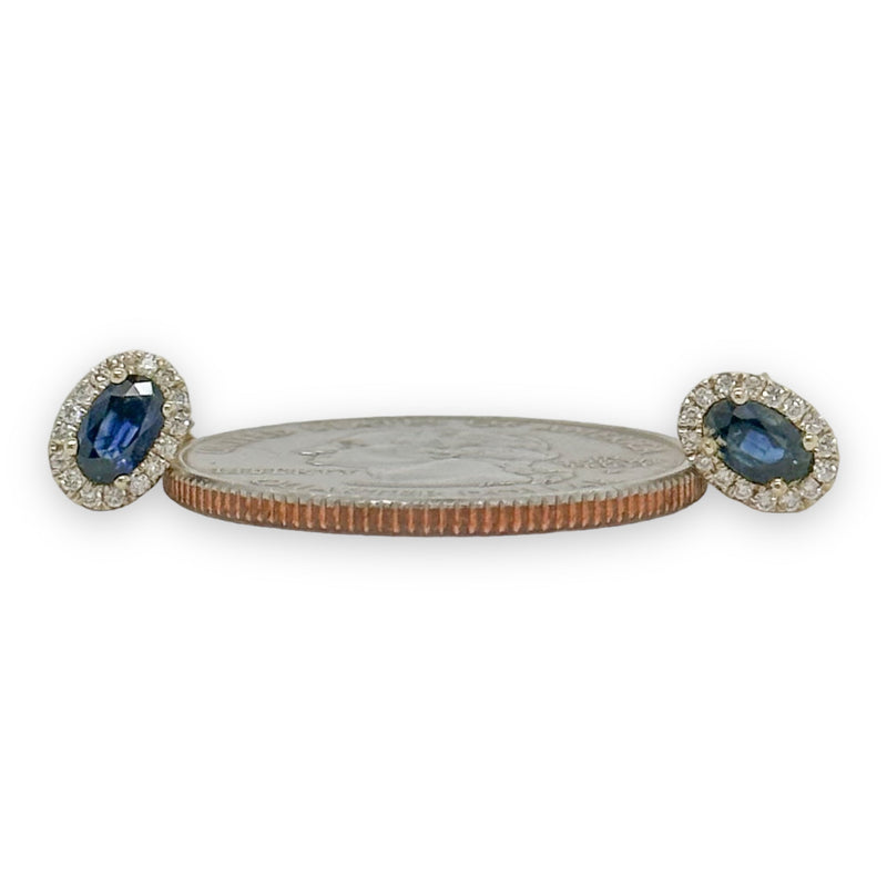 14K Y Gold 0.70ctw Diamond and 0.10ctw Sapphire Halo Oval Stud Earrings - Walter Bauman Jewelers