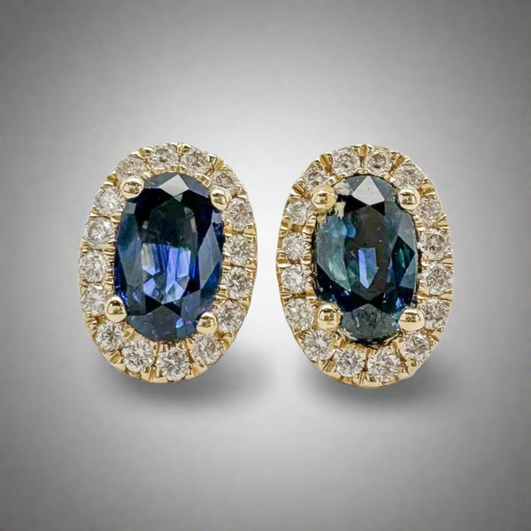 14K Y Gold 0.70ctw Diamond and 0.10ctw Sapphire Halo Oval Stud Earrings - Walter Bauman Jewelers