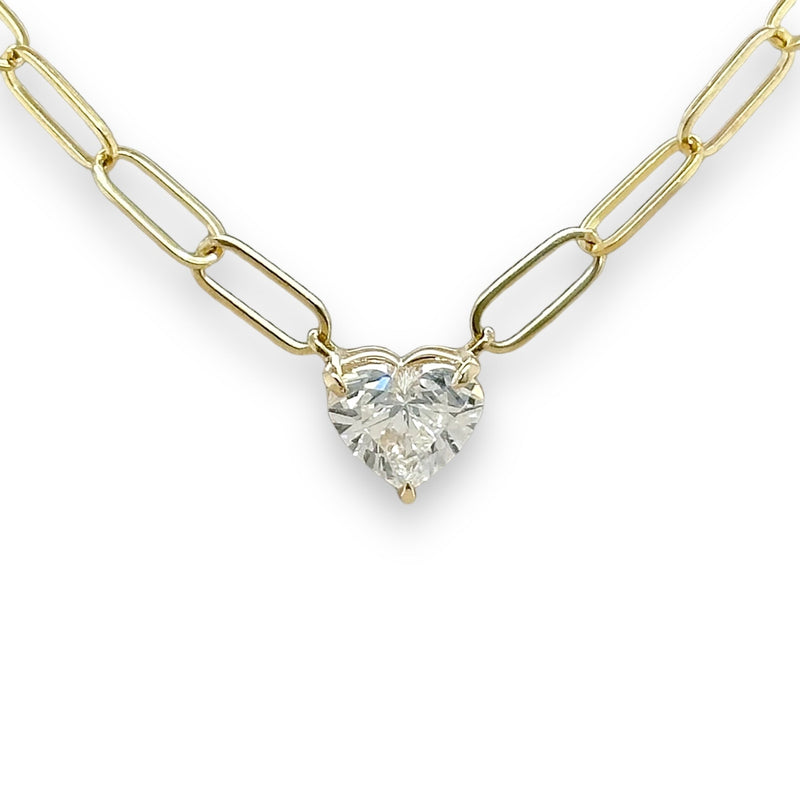 14K Y Gold 1ct F/VS1 Lab-Created Heart Diamond on Paperclip Chain - Walter Bauman Jewelers