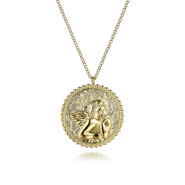 14K Y Gold 20mm Angel Pendant with Beaded Frame - Walter Bauman Jewelers