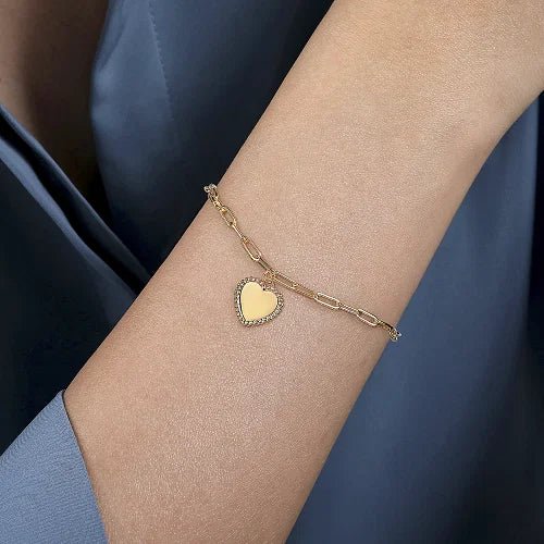 14K Y Gold 7" Paperclip Bracelet with Heart - Walter Bauman Jewelers