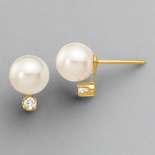 14K Y Gold 7.50-8mm Pearl & Diamond earrings - Walter Bauman Jewelers
