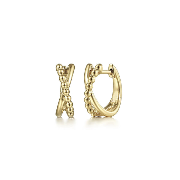 14K Y Gold Beaded 'X' Design Huggies - Walter Bauman Jewelers