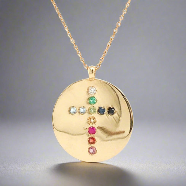 14K Y Gold Diamond & Multi-Gemstone Cross Disc Pendant - Walter Bauman Jewelers