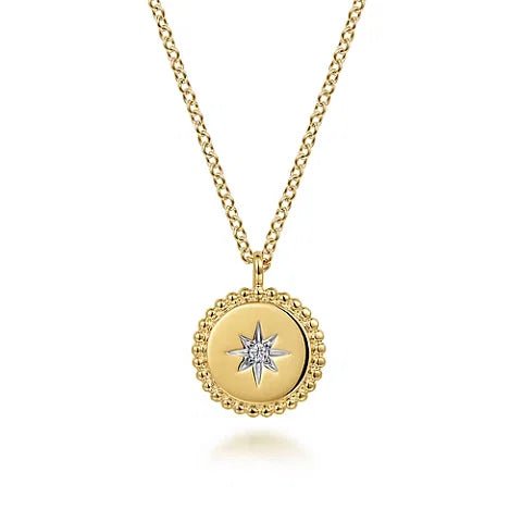 14K Y Gold Medallion Necklace with Starburst 0.02ctw Diamond Center - Walter Bauman Jewelers