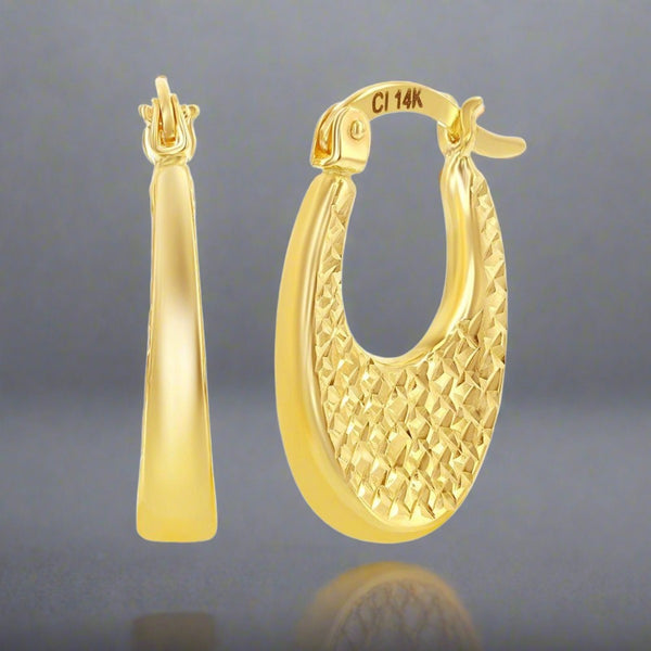 14K Y Gold Oval Textured Dia Cut Hoop Earrings - Walter Bauman Jewelers