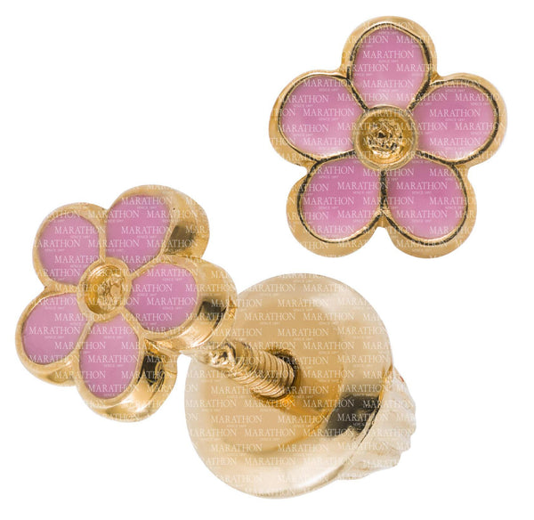 14K Y Gold Pink Enamel Flower Baby Earrings - Walter Bauman Jewelers
