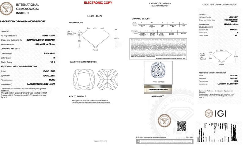 1.51ct E/VS2 Cushion Cut Lab Created Diamond IGI#488142477 - Walter Bauman Jewelers