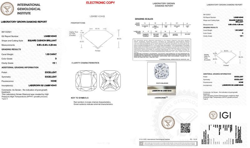 1.53ct D/VS1 Cushion Lab-Grown Diamond IGI#488142443 - Walter Bauman Jewelers