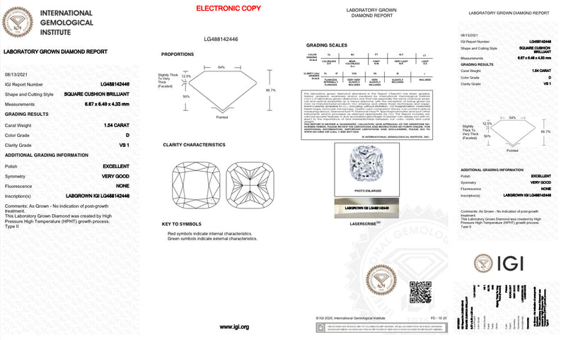 1.54ct D/VS1 Cushion Lab Created Diamond IGI#LG488142446 - Walter Bauman Jewelers