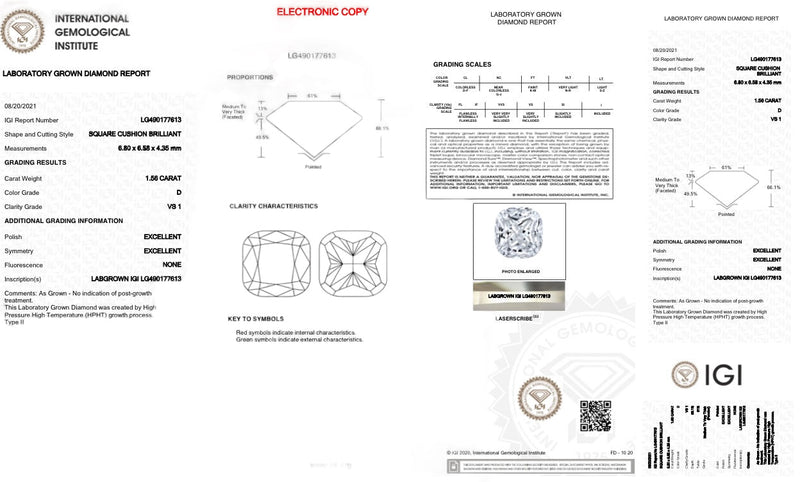 1.56ct D/VS1 Cushion Lab-Grown Diamond IGI#490177613 - Walter Bauman Jewelers