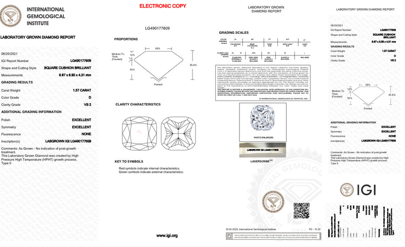 1.57ct D/VS2 Cushion Lab Created Diamond IGI#LG490177609 - Walter Bauman Jewelers
