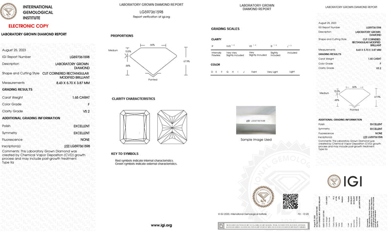 1.65ct F/VS2 Lab Created Radiant Cut Diamond IGI#LG597361598 - Walter Bauman Jewelers