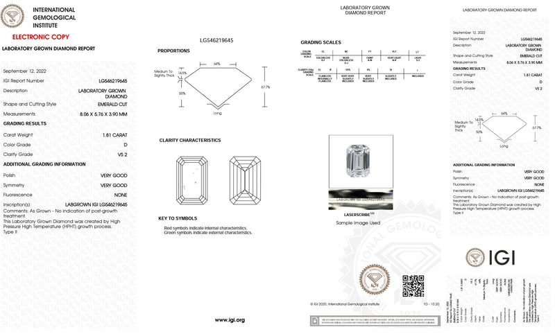 1.81ct D/VS2 Lab Created Emerald Cut Diamond IGI#LG546219645 - Walter Bauman Jewelers