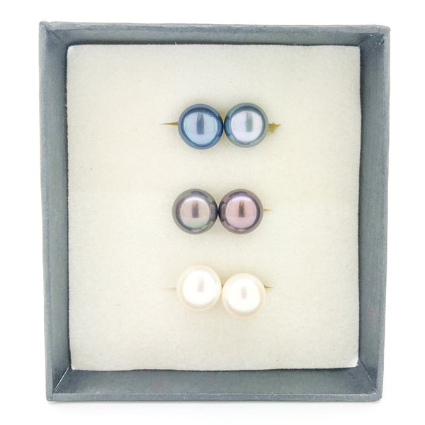 3 Pairs Sterling Silver Black/Blue/White Freshwater Pearl Studs - Walter Bauman Jewelers