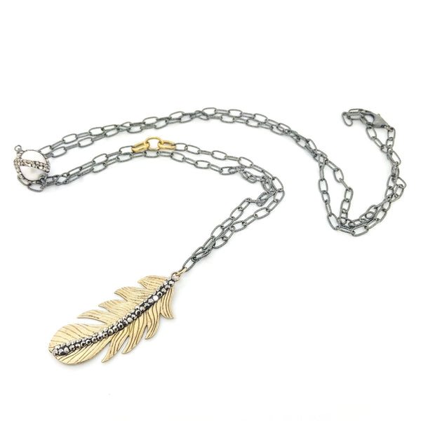 Antiqued Sterling silver Feather & Pearl Necklace - Walter Bauman Jewelers